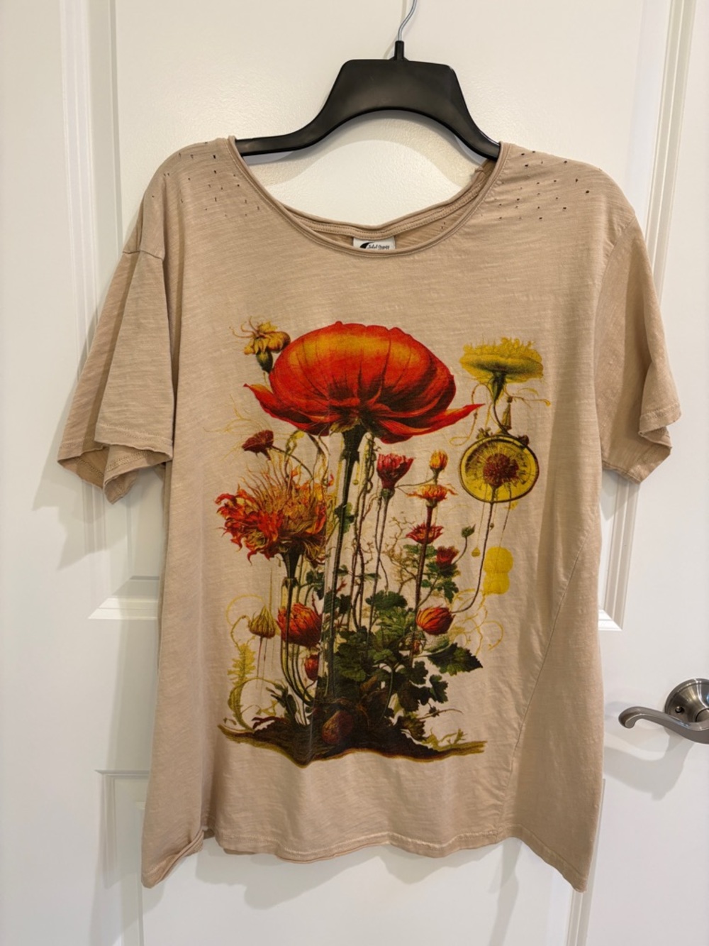 Jaded Gypsy Beige Graphic Floral Views Moon Dance Tee with Red & Yellow Blooms